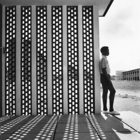 Boy and concrete screen at University College Ibadan, 1962. RIBA.
